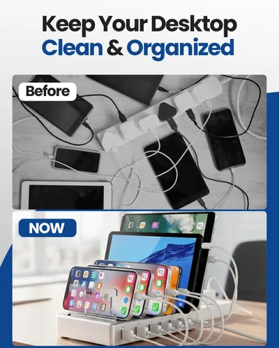 Vista 2 de Estación de carga USB de 6 puertos con 6 cables incluidos, concentrador de carga rápida para iPhone, teléfono celular, tableta, reloj inteligente