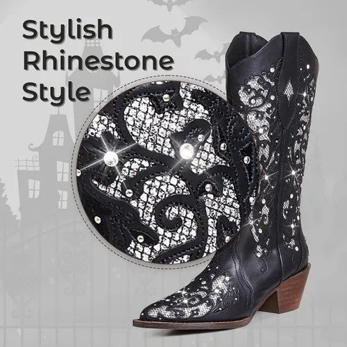 Vista 6 de SaraIris Botas vaqueras para mujer, botas vaqueras, botas occidentales, tacón grueso, punta puntiaguda, con diamantes de imitación bordados, botas