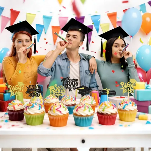 Vista 5 de Ercadio 36 piezas 2026 adornos para cupcakes con purpurina negra y dorada para graduación senior So Proud Of You Senior Class of 2026 Way to Go