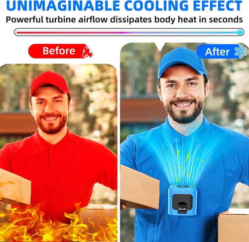 Vista 5 de Zeadio Ventilador portátil con clip de cintura, 4 velocidades, 10000 mAh, funciona con manos libres, con función de iluminación y carga para Azul