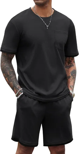 Vista 38 de COOFANDY Conjunto de camisa y pantalones cortos de gofre para hombre, conjunto de 2 piezas, conjunto casual de verano con bolsillos