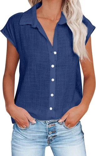 Vista 6 de Ceboyel Camisas para mujer de moda de verano, algodón, lino, manga corta, cuello con botones, blusa casual para mujer 2023