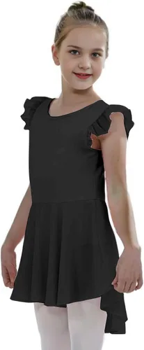 Vista 3 de iLover Vestido de leotardo clásico con tutú y mangas con volantes para niñas, para danza, gimnasia y ballet Negro