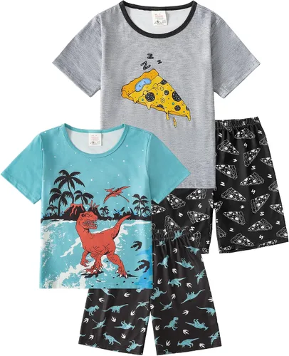 Vista 8 de MyFav - Pijamas para niños grandes de 2 piezas, pantalones cortos, lindos dibujos animados, ropa de dormir 4 piezas Alien