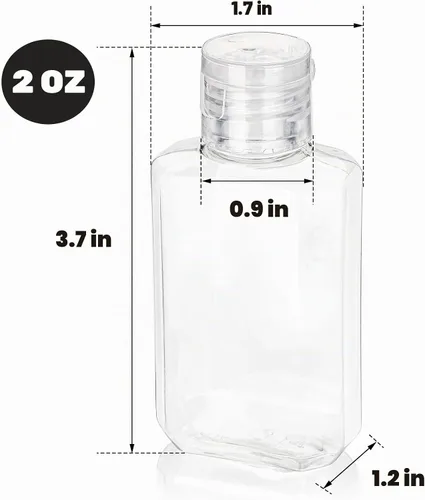 Vista 2 de Pumtus Paquete de 60 botellas de plástico recargables con tapa abatible, desinfectante de manos vacío transparente de 2 onzas con tapa abatible