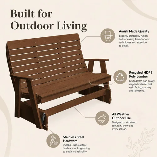 Vista 4 de Amish Made Antique Mahogany 4 ft Outdoor Glider Bench, HDPE Made in USA Fairfax Collection HDPE Poly Lumber Outdoor Glider Bench, All-Weather