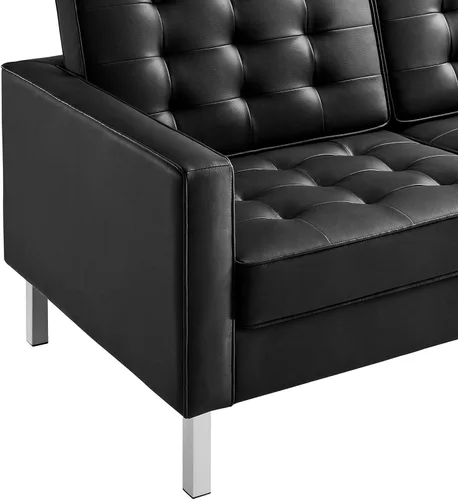Vista 7 de Modway EEI-3385-SLV-BLK - Sofá tapizado de piel sintética con botones copetudos, color plateado y negro