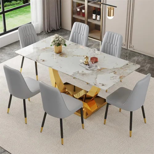 Vista 49 de Juego de mesa de comedor para 4, mesa de comedor de mármol sintético de 63 pulgadas con patas y base de acero inoxidable, sillas acolchadas