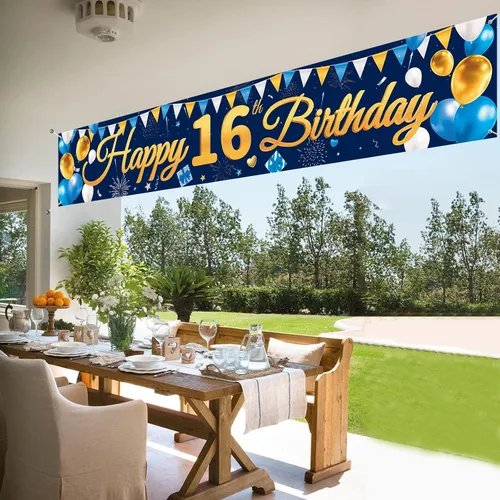 Vista 7 de Pancarta Grande de Telón de Fondo Feliz Cumpleaños 16 Azul Dorado, Cartel de Cumpleaños 16, Suministros de Decoración de Fiesta de 16 Años