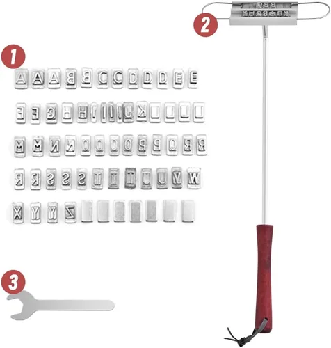 Vista 3 de Hierro de marca BBQ con letras intercambiables y un práctico dibujo, ideal para marcar filetes, hamburguesas y pollo (1)