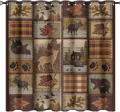 Vista 20 de Cortinas de oscurecimiento estilo campestre con osos, alces y ciervos, cortinas opacas para ventanas con ojales, tratamiento de ventanas eficiente