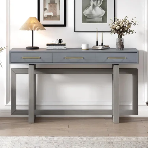 Vista 3 de Quarte Elegante mesa consola con tres cajones de almacenamiento, mesa de sofá extra larga para entrada, pasillo, sala de estar, vestíbulo, pasillo