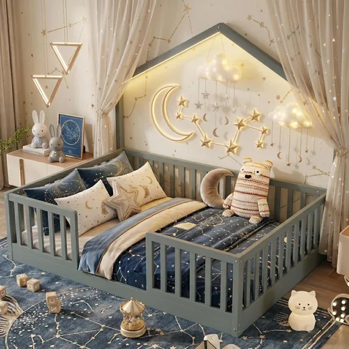 Vista 10 de Cama Montessori Full con rieles altos y luz LED, color blanco