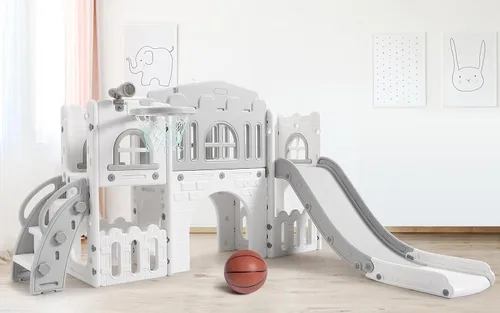 Vista 7 de Juego de actividades para niños pequeños 8 en 1, incluye tobogán, escalador, aro de baloncesto, túnel, telescopio, volante y almacenamiento,