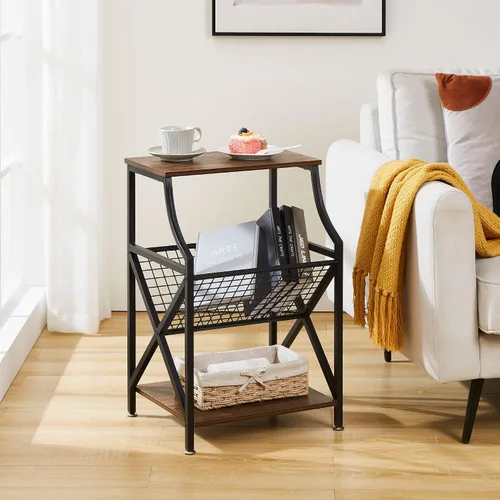 Vista 2 de VECELO Mesita de noche de 3 niveles con soporte para revistas en forma de V, mesita de noche pequeña con estante de almacenamiento abierto para sala