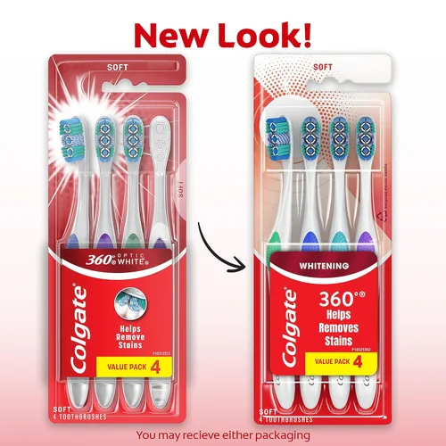 Vista 3 de Colgate Cepillo de dientes blanco óptico 360, cepillo de dientes suave para adultos con tazas blanqueadoras y pasta de dientes blanqueadora máxima