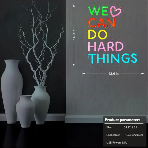 Vista 7 de Letrero de neón con texto en inglés «We Can Do Hard Things» para decoración de pared, arte de pared para niños, positivo para aula, regulable