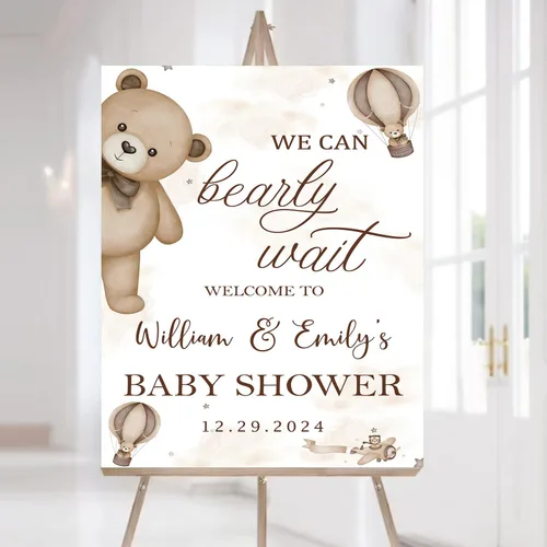 Vista 11 de Letrero de bienvenida personalizado para baby shower con soporte, decoración temática de baby shower con globo, decoración de oso para baby shower