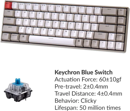 Vista 7 de Keychron Teclado mecánico inalámbrico K6 de 68 teclas para Mac, 65% compacto, Bluetooth, multitarea, teclado de juegos con cable tipo C para Windows