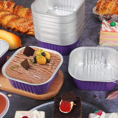 Vista 7 de 50 tazas de papel de aluminio para hornear con tapas, moldes cuadrados de 10 onzas para hornear, moldes desechables con tapas para flans Púrpura