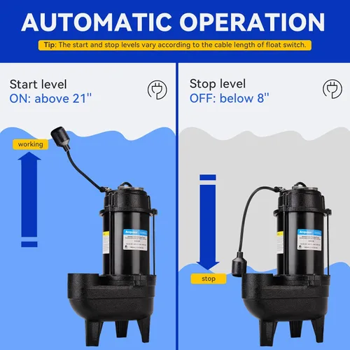 Vista 6 de Acquaer 3/4HP Bomba sumergible de efluentes de aguas residuales, hierro fundido, interruptor de flotador automático amarrado de 115V 6400 GPH, bomba