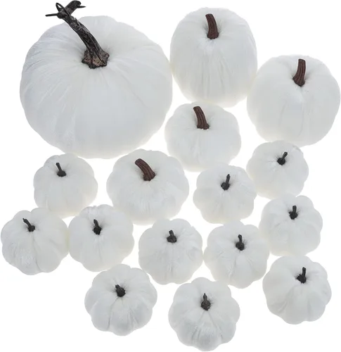 Vista 10 de Woration 16 piezas de terciopelo de tamaño surtido de calabaza artificial decoración de tela envuelta en otoño cosecha calabaza otoño mesa centro