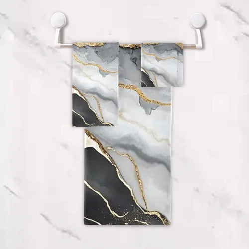 Vista 4 de Juego de toallas de baño para baño, toallas de mano, toallas de mano con diseño de mármol dorado y negro, 3 piezas, algodón decorativo, absorbente