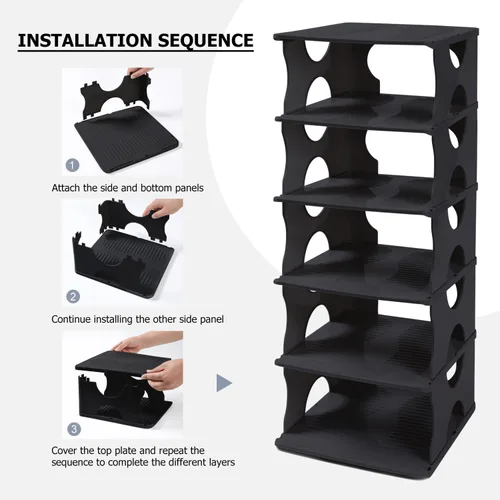 Vista 4 de Zapatero grueso de 6 niveles, organizador de almacenamiento apilable para entrada de dormitorio, estante ajustable, estante con ranuras para Negro
