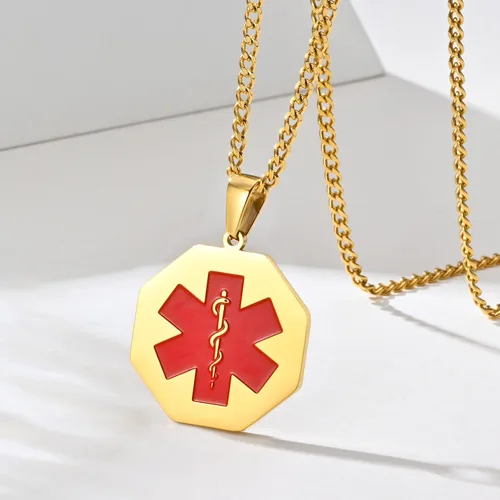 Vista 131 de VNOX Collar con colgante personalizado de acero inoxidable con grabado personalizado para identificación de alerta médica de emergencia para hombres
