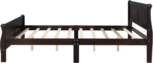 Vista 8 de Cama de plataforma de madera maciza tamaño matrimonial con cabecera y estribo de trineo, base de cama de plataforma de madera completa con Espresso