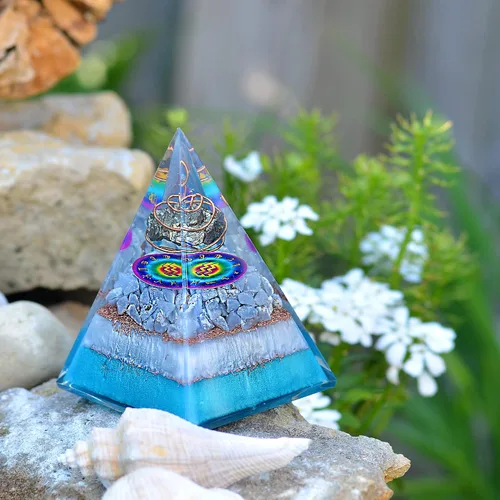 Vista 9 de Juego de pirámide de orgón y piedra de palmera de horóscopo, cristal curativo de acuario, signo del zodiaco, hecho de pirita y angelita para calma