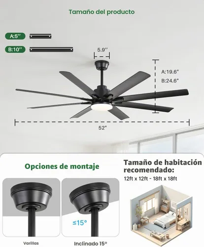 Vista 2 de Sofucor - Ventiladores de techo de 52 pulgadas con luces, ventilador de techo inteligente para interior/exterior con control remoto, funciona