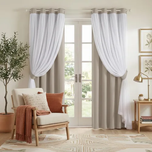 Vista 19 de PONY DANCE Cortinas Opacas con Superposición de Gasa, Cortinas de Doble Capa con Aislamiento Térmico Mix & Match para Oscurecer Habitaciones