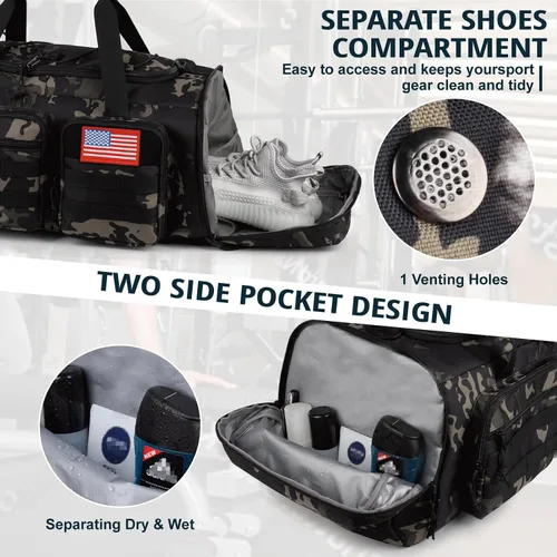 Vista 7 de Bolsa táctica de gimnasio para hombres, 50L grande 3 en 1 bolsa deportiva con compartimento para zapatos para viajes, mochila de viaje resistente al
