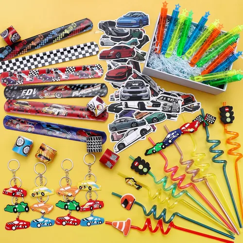 Vista 7 de 98 piezas de regalos de fiesta de coche de carreras suministros de cumpleaños de carreras de paja burbuja banda adhesiva de juguete de carreras