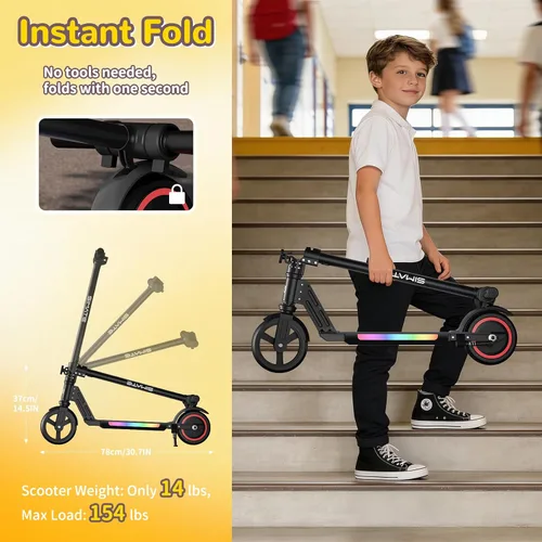 Vista 3 de SIMATE Electric Scooter for Kids 6-14, e Kick Scooter with LED Display and Colorful Lights, Adjustable Height and Foldable, Double Brake, Gifts for
