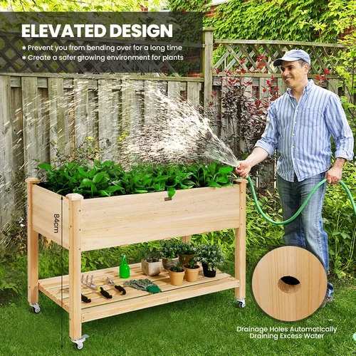 Vista 5 de COSTWAY Cama de jardín elevada con ruedas, maceta de madera con estante de almacenamiento para verduras, flores y hierbas, maceta elevada para patio