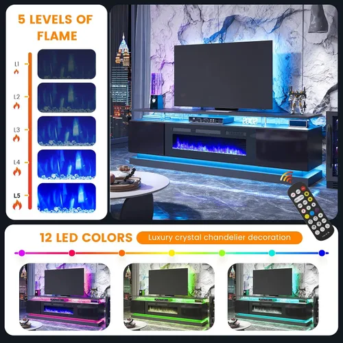 Vista 6 de 2 Piece Modern Table Set Includes 70" Fireplace TV Stand & 47" Coffee Table with Charging Station and USB Ports, for Living Room, Black
