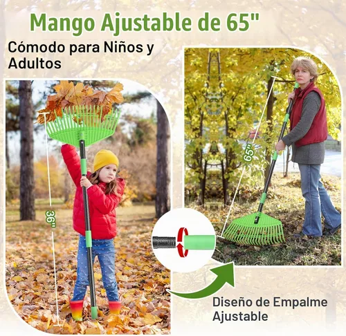 Vista 5 de Rastrillo de plástico para hojas con mango ajustable de 65 pulgadas, rastrillos ligeros para exteriores, para hojas, hierba y aguja de pino
