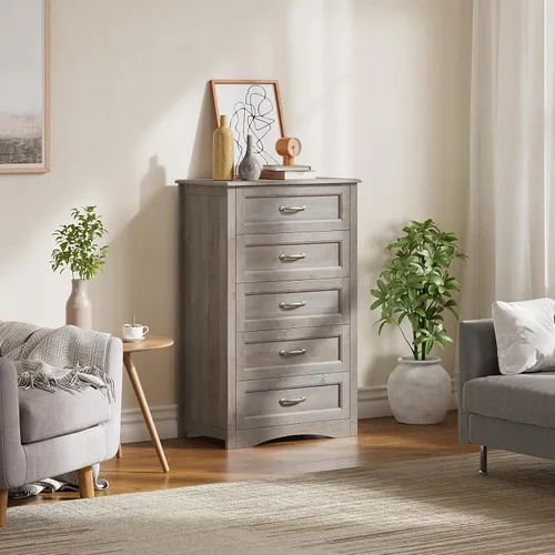 Vista 4 de Gizoon Cómoda de 5 cajones, armario de almacenamiento de madera gris ceniza para dormitorio, armario de almacenamiento de gran capacidad de 43.3