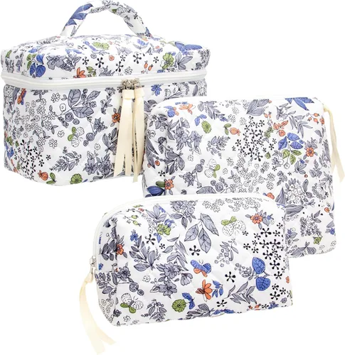 Vista 57 de PAZIMIIK - Bolsa de maquillaje de algodón para mujer, grande, acolchada para viaje, Rosa (Bow Pink), Vintage