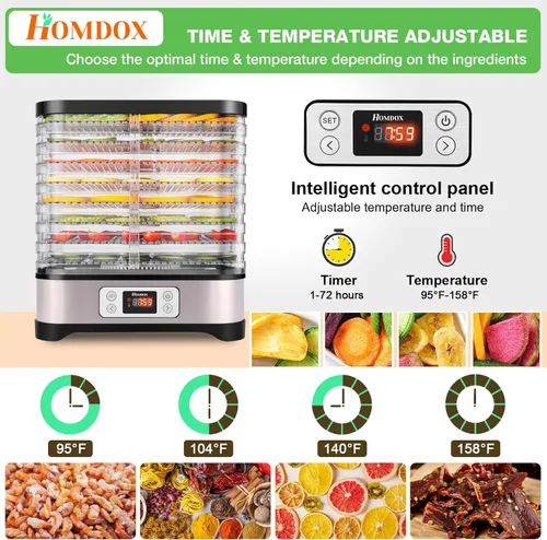 Vista 5 de Homdox Deshidratador de alimentos para carne seca y frutas, 8 bandejas sin BPA, temporizador de 72 horas y control de temperatura de 158 °F, máquina