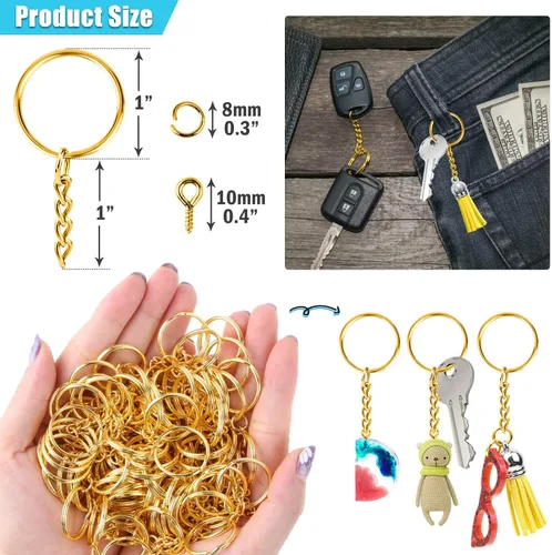 Vista 6 de PAXCOO - Kit de anillos para manualidades dorados, incluye 100 llaveros divididos con cadena, 100 anillos de salto y 100 pines de ojo de tornillo