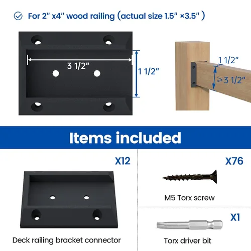 Vista 2 de Muzata 12 Piezas Soportes de Barandilla de Cubierta Conectores Kit de Soporte de Riel para Poste de Madera 2x4 (1.5"×3.5") Soporte de Riel