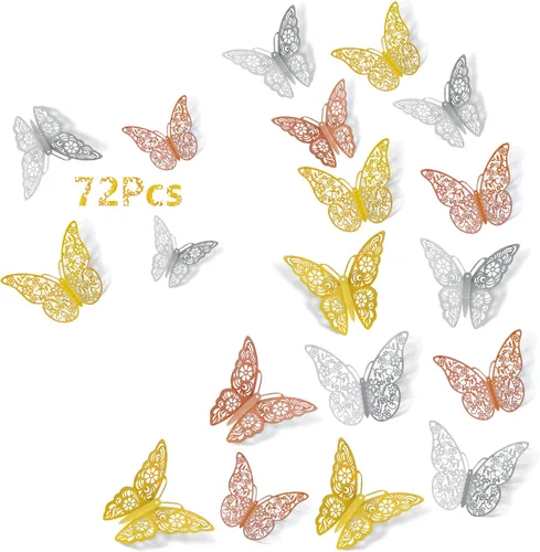 Vista 9 de Calcomanías de pared de mariposa 3D, 72 unidades, 3 tamaños, 3 estilos, calcomanías de pared metálicas extraíbles, calcomanías de pared para nevera
