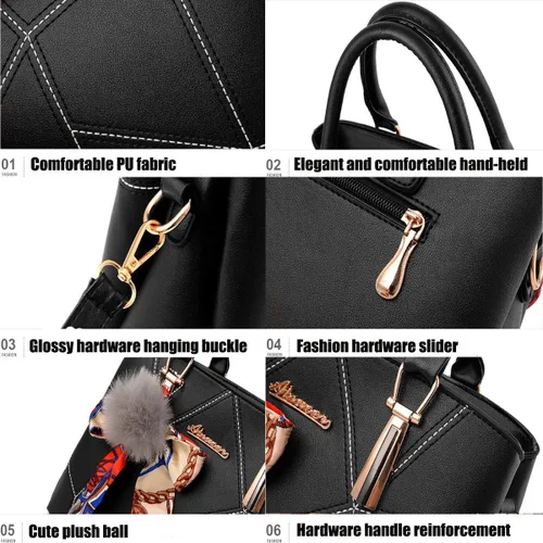 Vista 7 de XingChen Bolsos de cuero para mujer, bolso de hombro con asa superior, con pompón y lazo