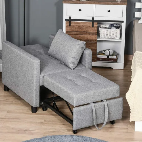Vista 4 de HOMCOM Sofá convertible tumbona de cama multifuncional reclinable con tela tapizada copetuda, respaldo de ángulo ajustable y almohada, color gris