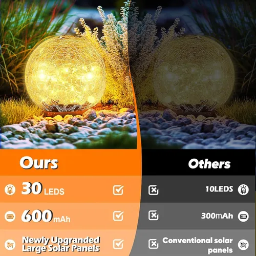 Vista 3 de Luces solares de bola de jardín impermeables para exteriores, 30 luces LED de vidrio agrietado, luces de suelo para camino, patio, césped
