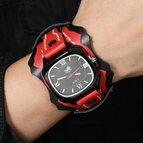 Vista 5 de MINILUJIA Relojes hechos a mano para hombre con cuerda de cera cosida, estilo vintage, punk, hip-hop, gótico, ancho, de cuero genuino, suave, reloj