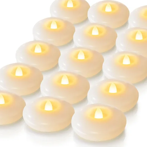 Vista 12 de Homemory Paquete de 6 velas flotantes LED sin llama de 3", 200 horas de duración con pilas, luces de té parpadeantes impermeables para jarrones